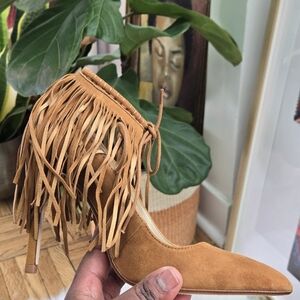 Zara Tan Fringed Suede Heels